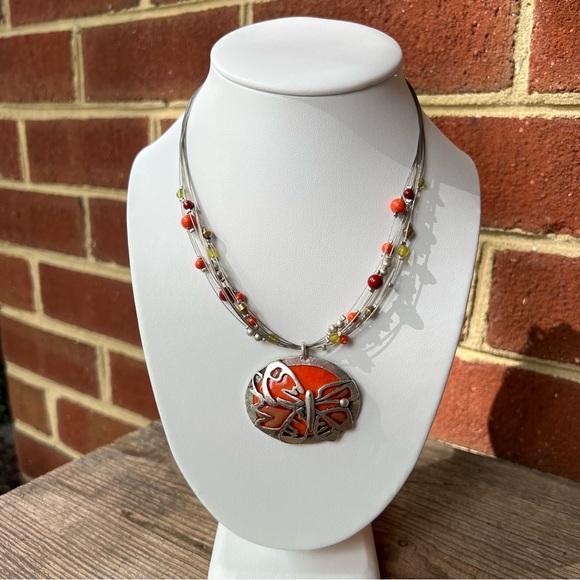 Chico’s Orange Butterfly Silver Metal Wire Beaded Necklace - Picture 2 of 7